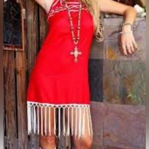 R Cinco Ranch Red Western Ivory Fringe Sleeveless Dress NWT Size Medium